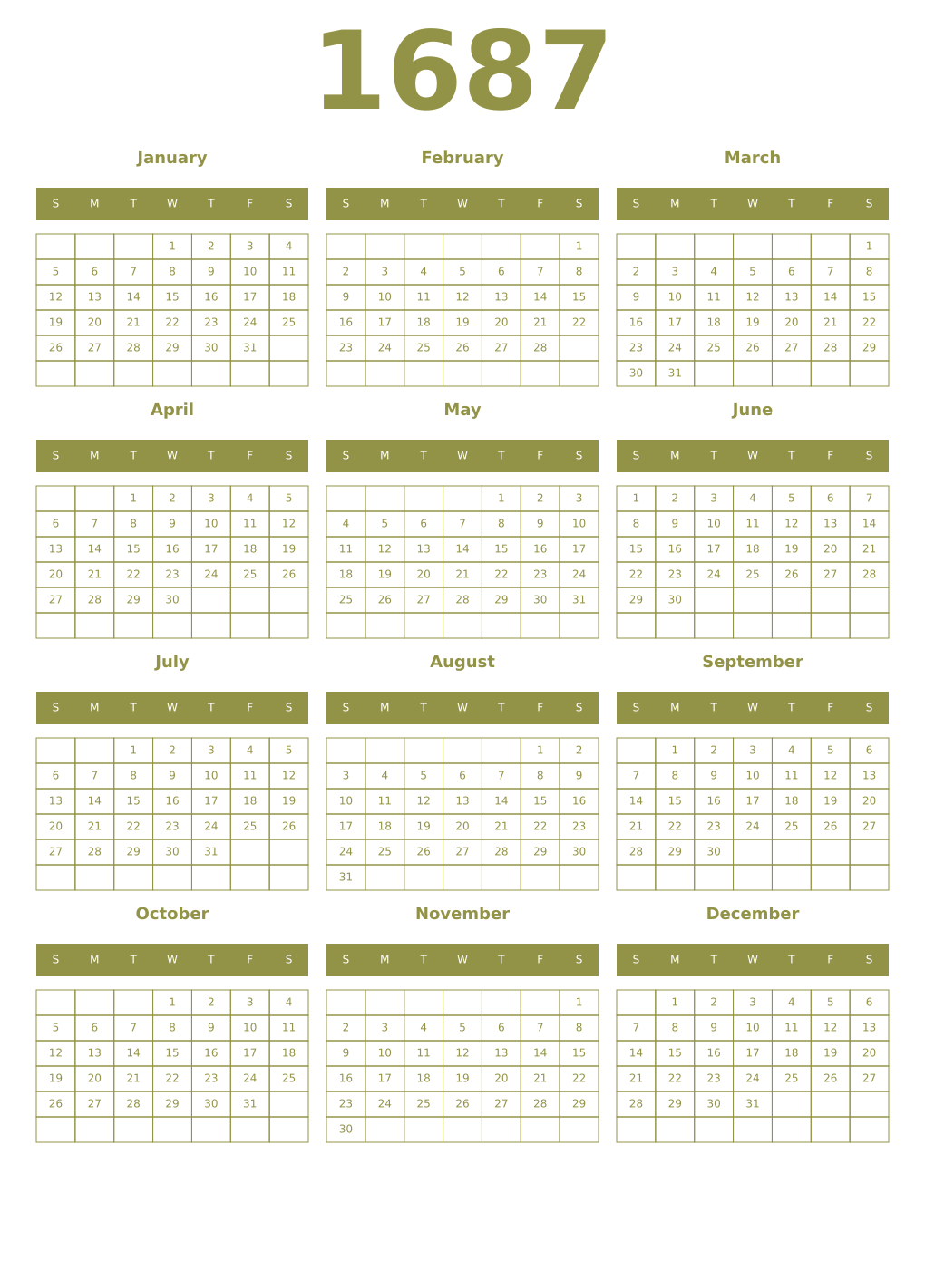 Printable 1687 Year Calendars eburnean