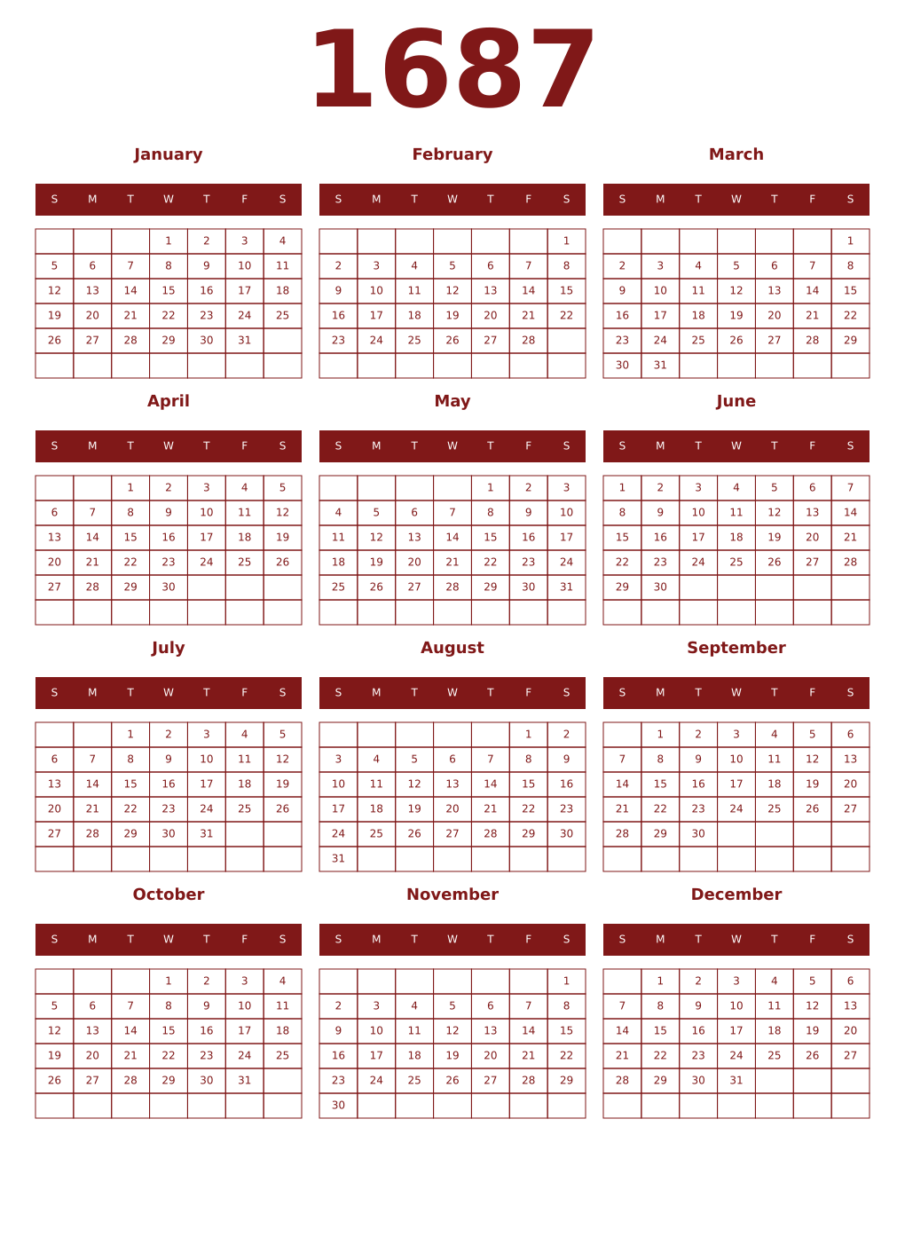 Printable 1687 Year Calendars falu