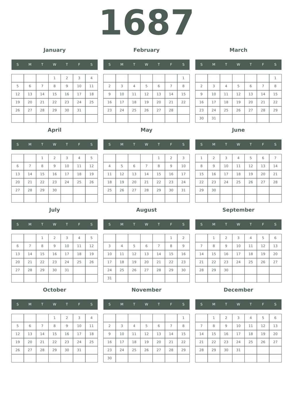 Printable 1687 Year Calendars feldgrau
