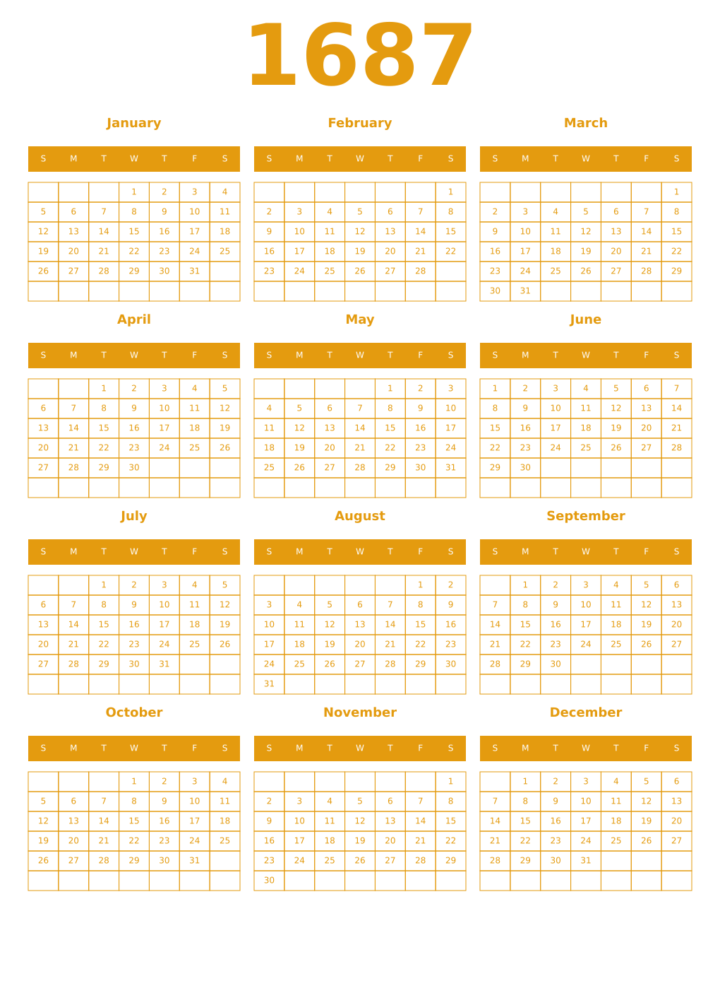 Printable 1687 Year Calendars gamboge
