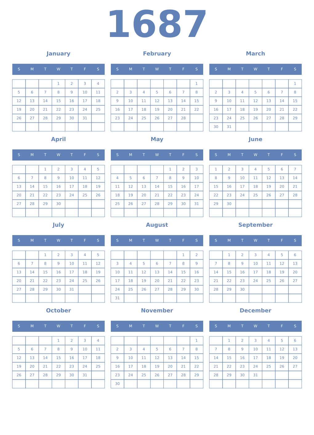 Printable 1687 Year Calendars glaucous