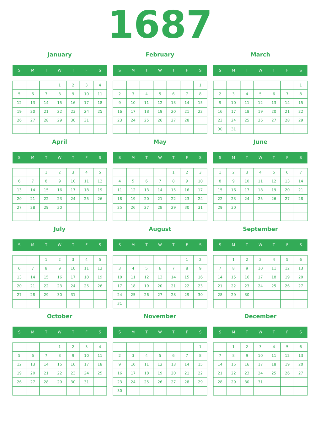 Printable 1687 Year Calendars green