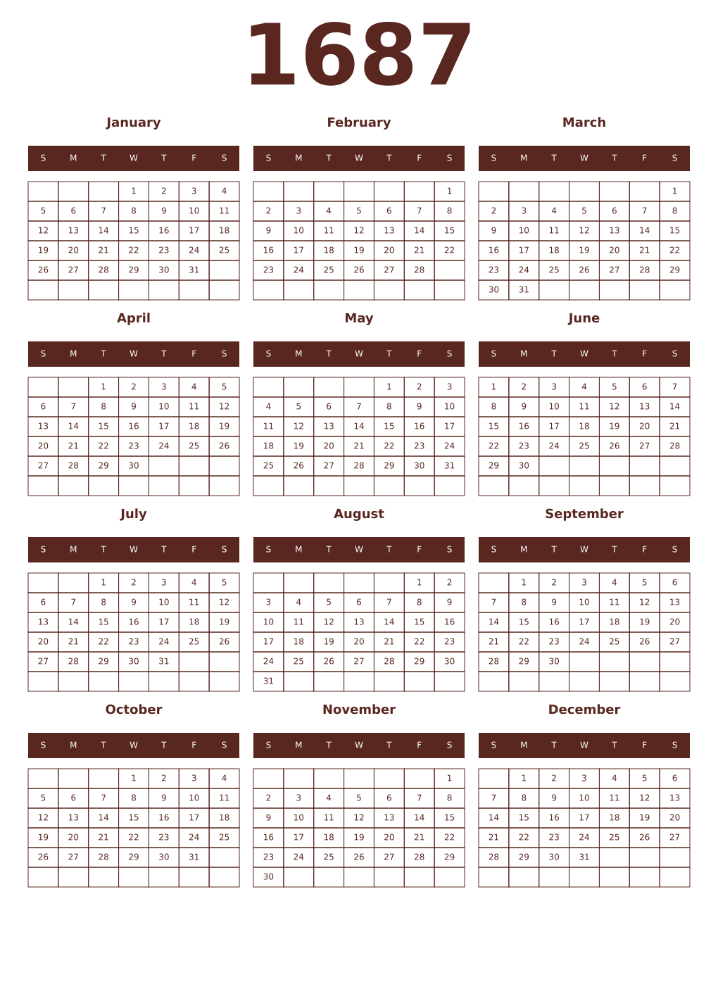 Printable 1687 Year Calendars mortuum