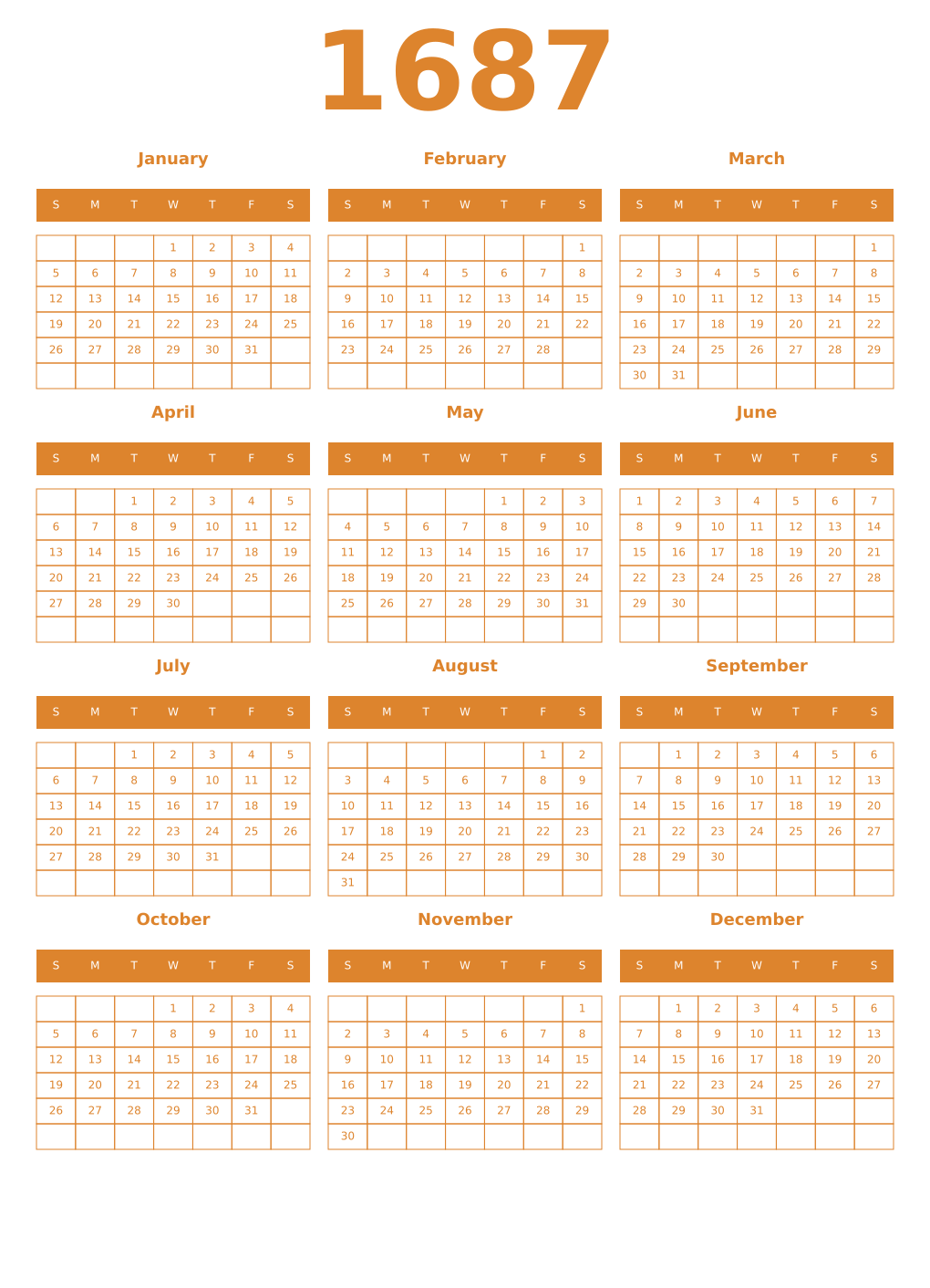 Printable 1687 Year Calendars orange
