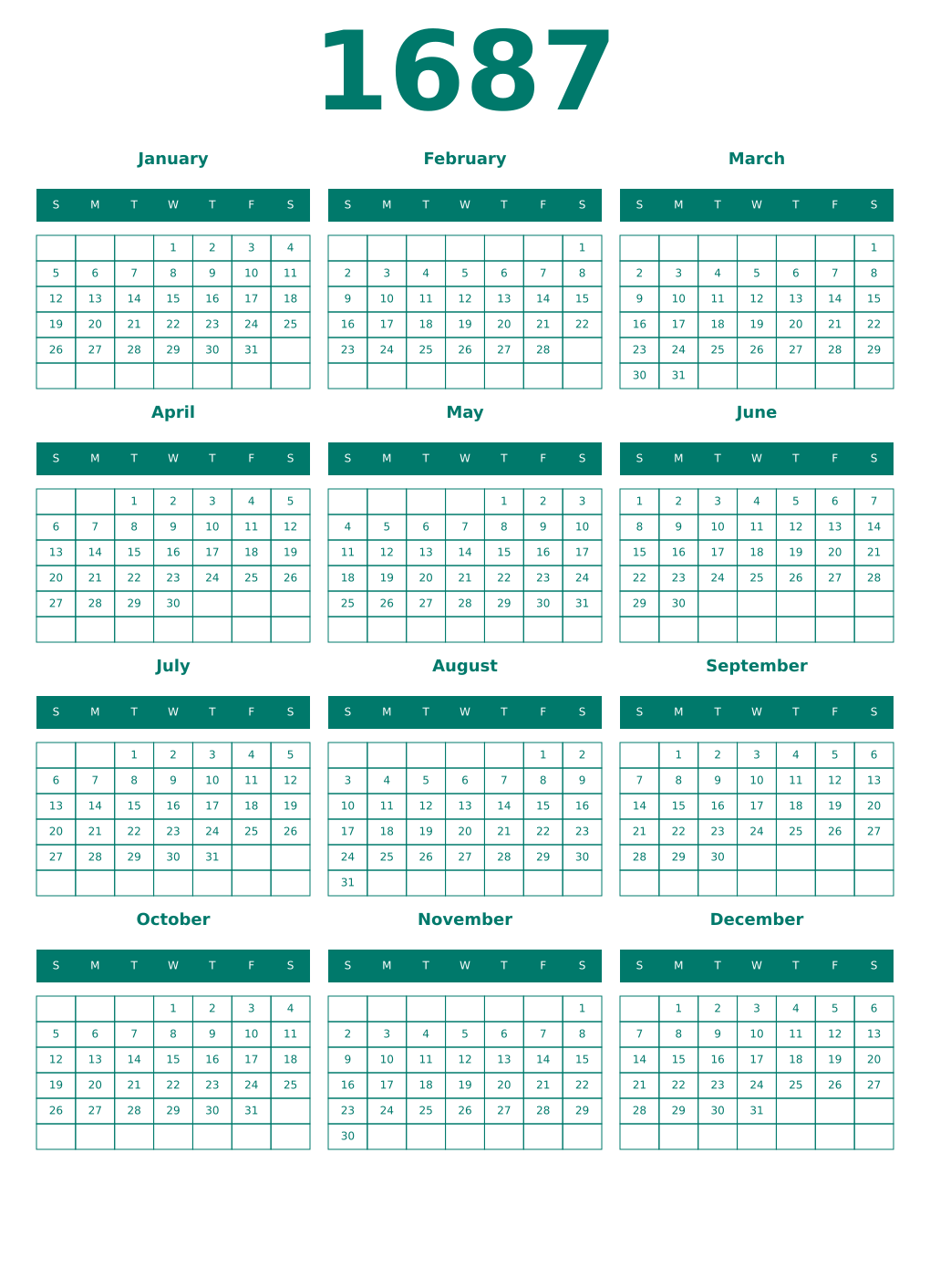 Printable 1687 Year Calendars pastel
