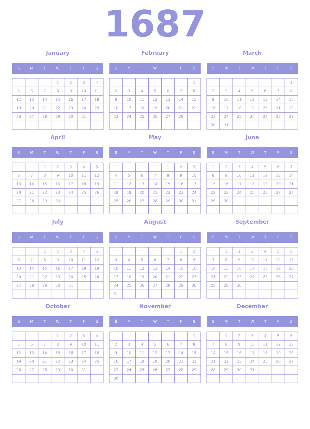Printable 1687 Year Calendars periwinkle