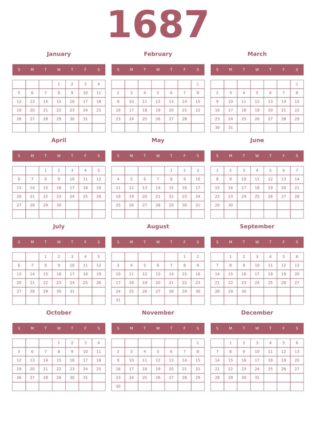 Printable 1687 Year Calendars puce