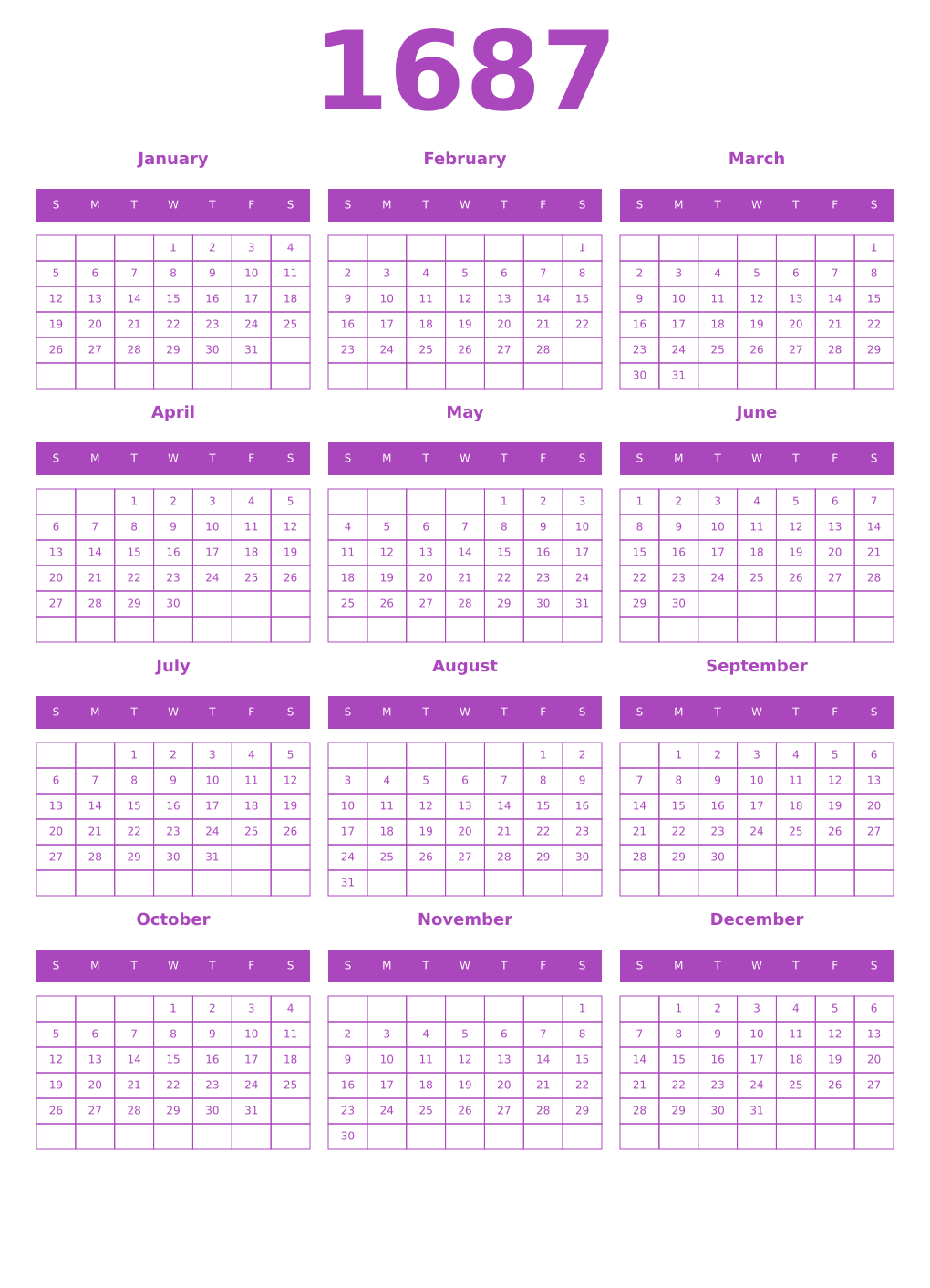 Printable 1687 Year Calendars purple
