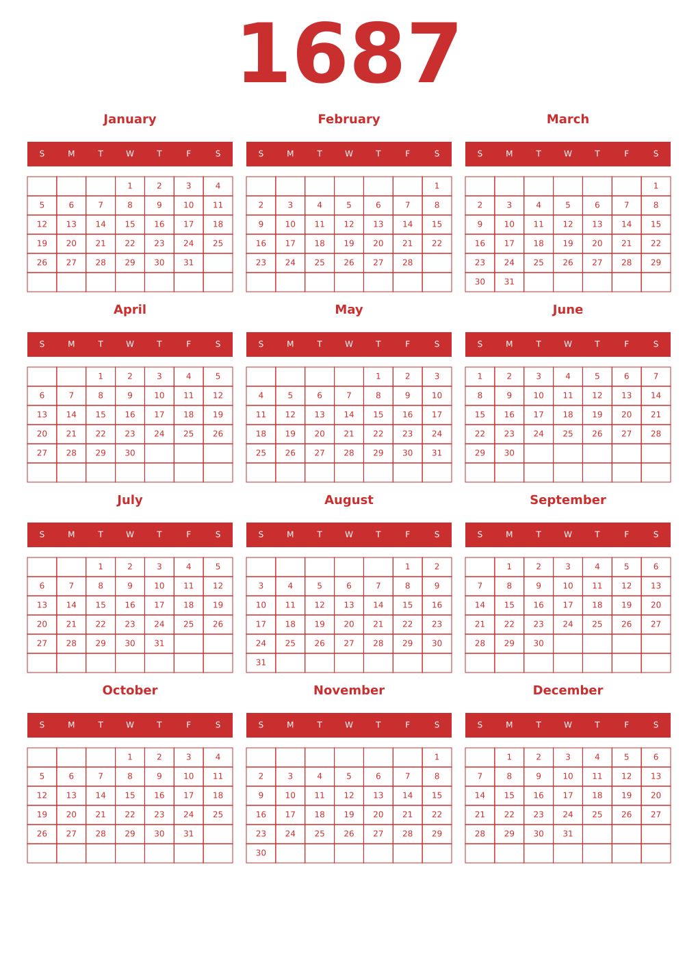 Printable 1687 Year Calendars red