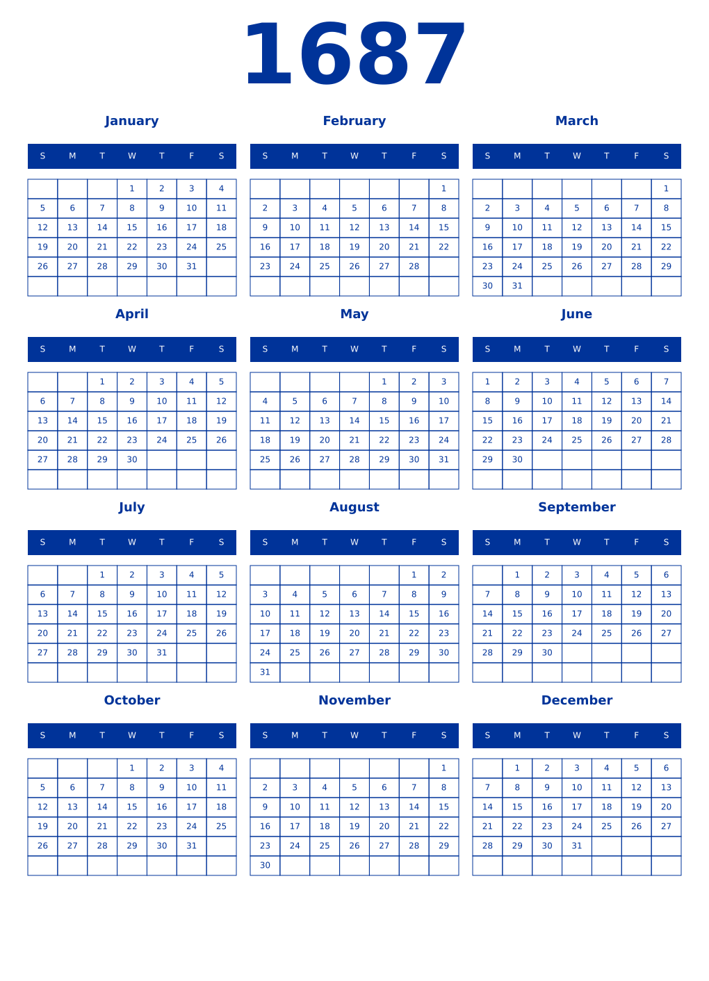 Printable 1687 Year Calendars smalt