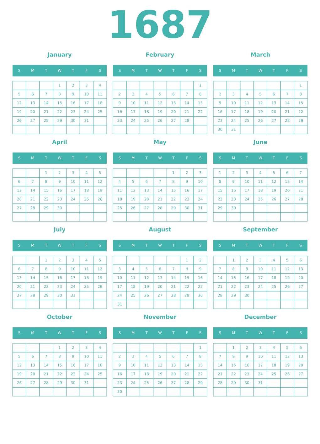 Printable 1687 Year Calendars verdigris