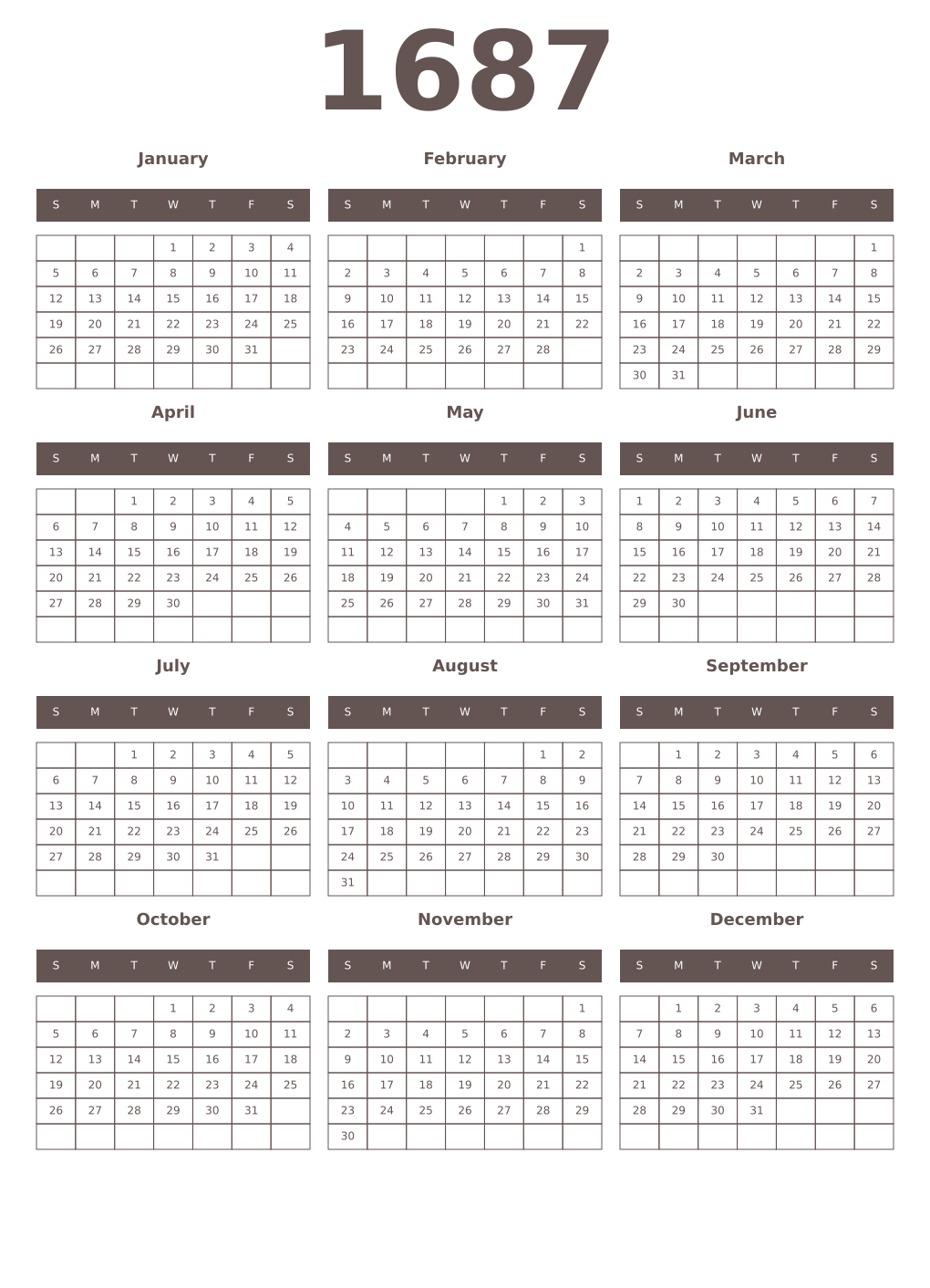 Printable 1687 Year Calendars wenge