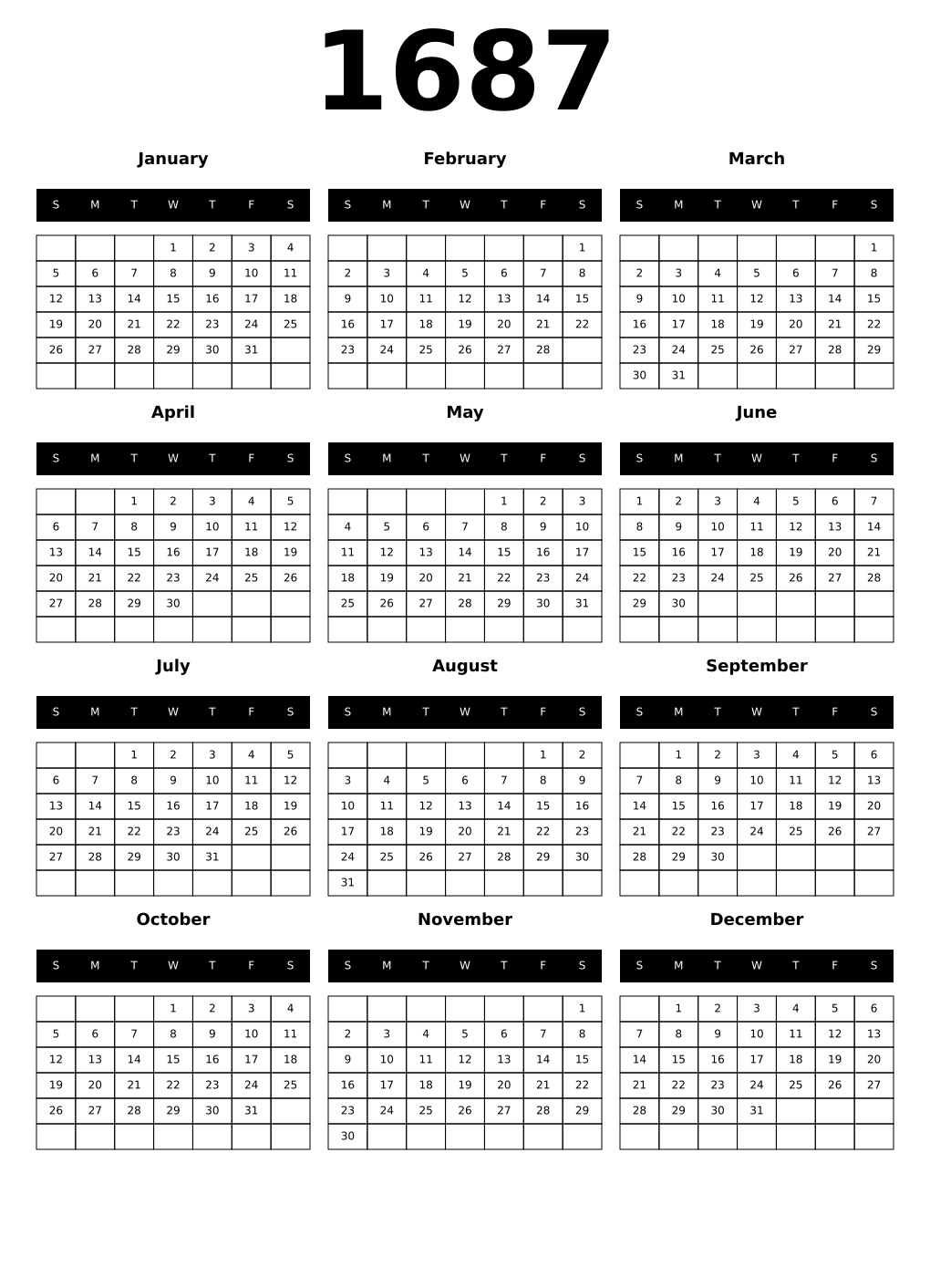 Printable 1687 Calendars