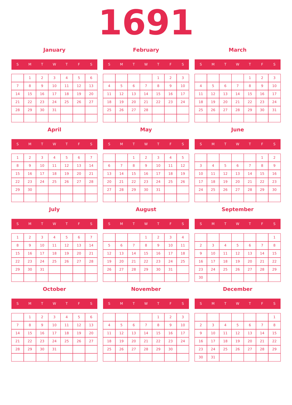 Printable 1691 Year Calendars amaranth