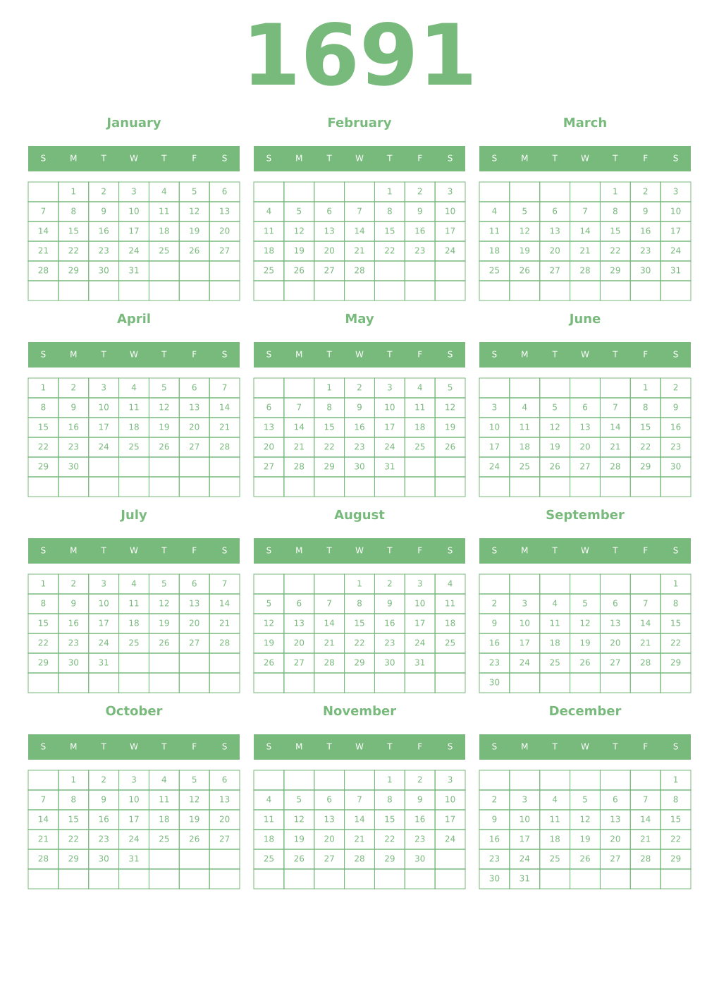Printable 1691 Year Calendars celadon