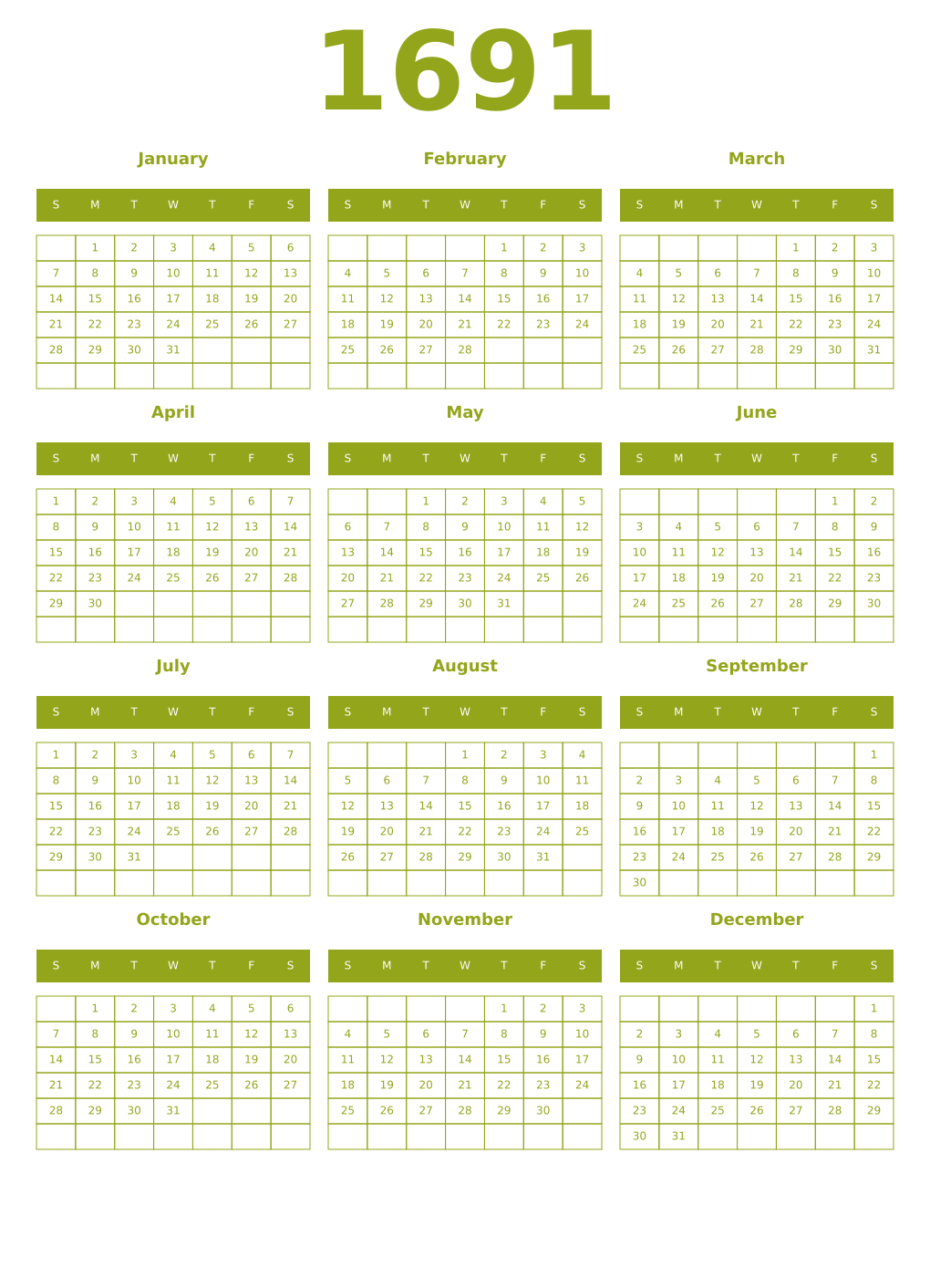 Printable 1691 Year Calendars chartreuse