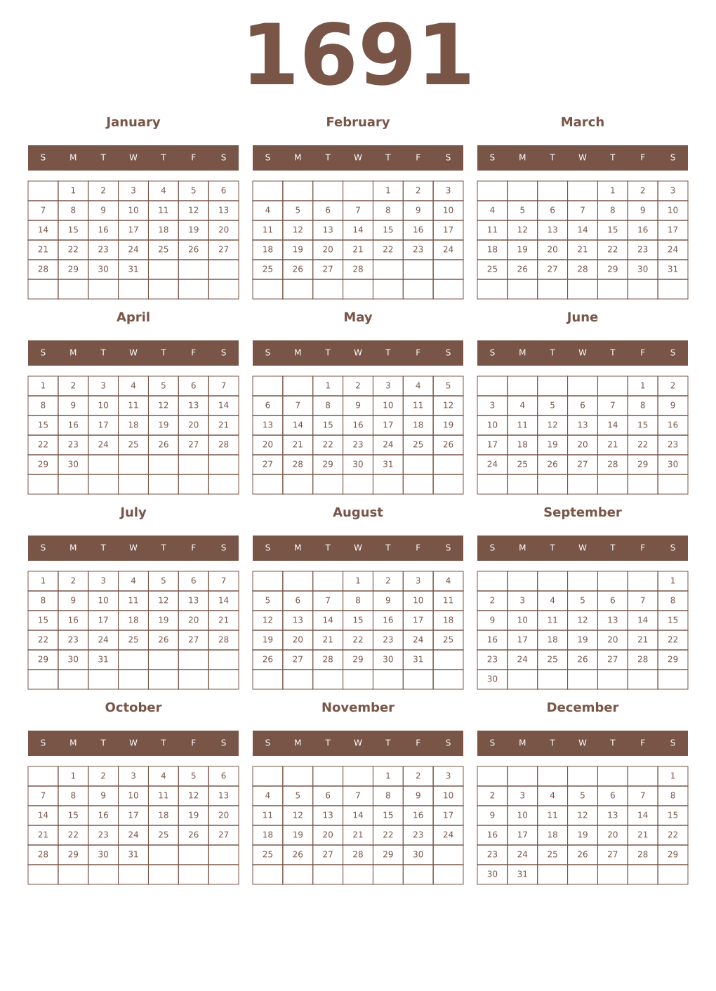 Printable 1691 Year Calendars coffe