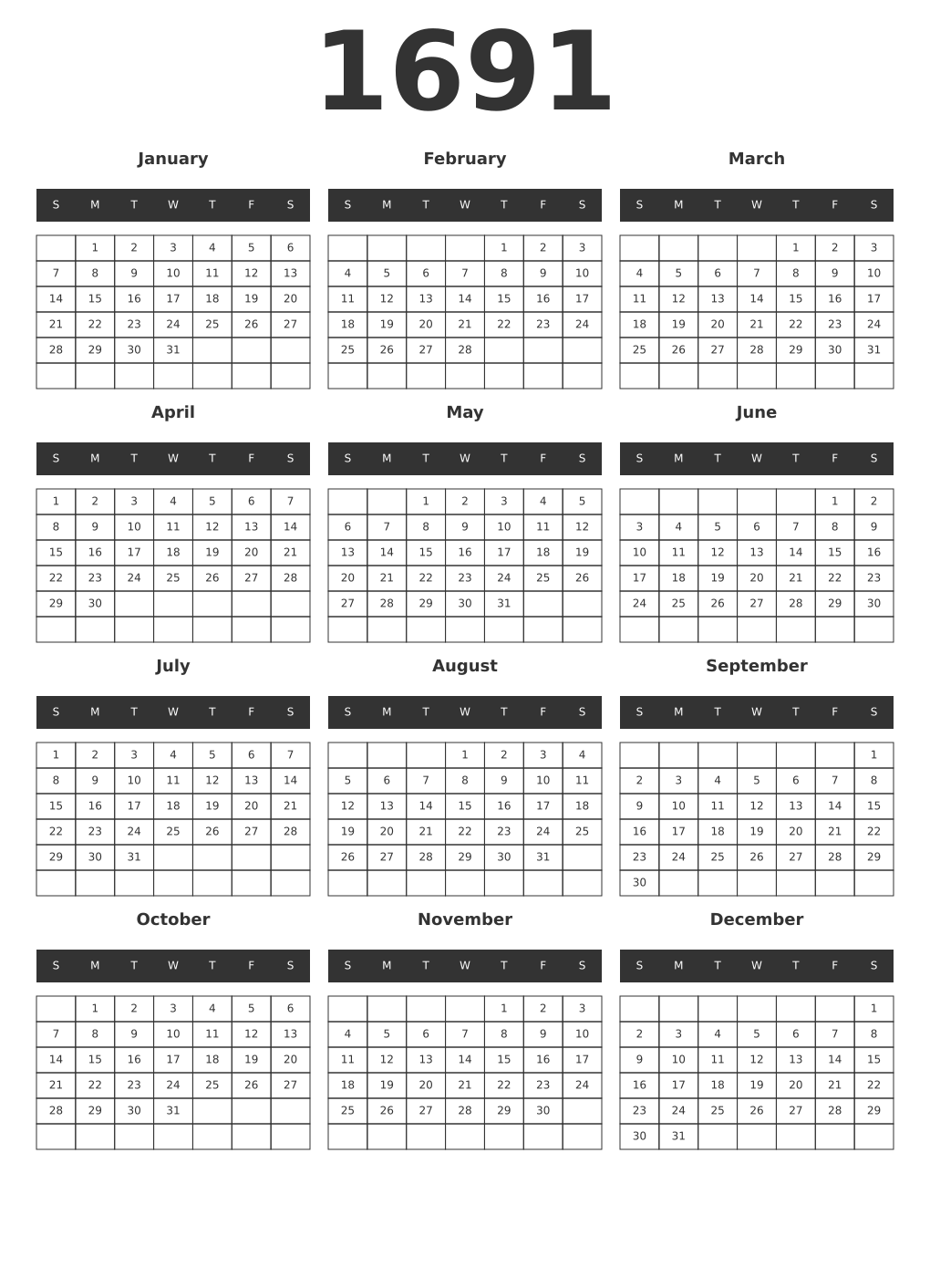 Printable 1691 Year Calendars dark