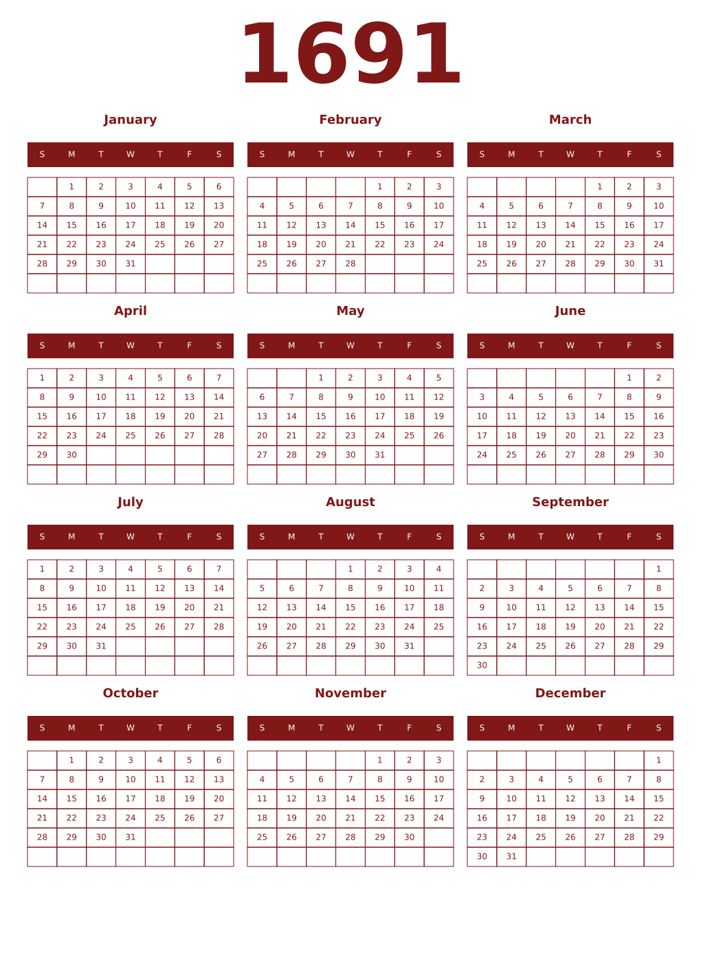 Printable 1691 Year Calendars falu