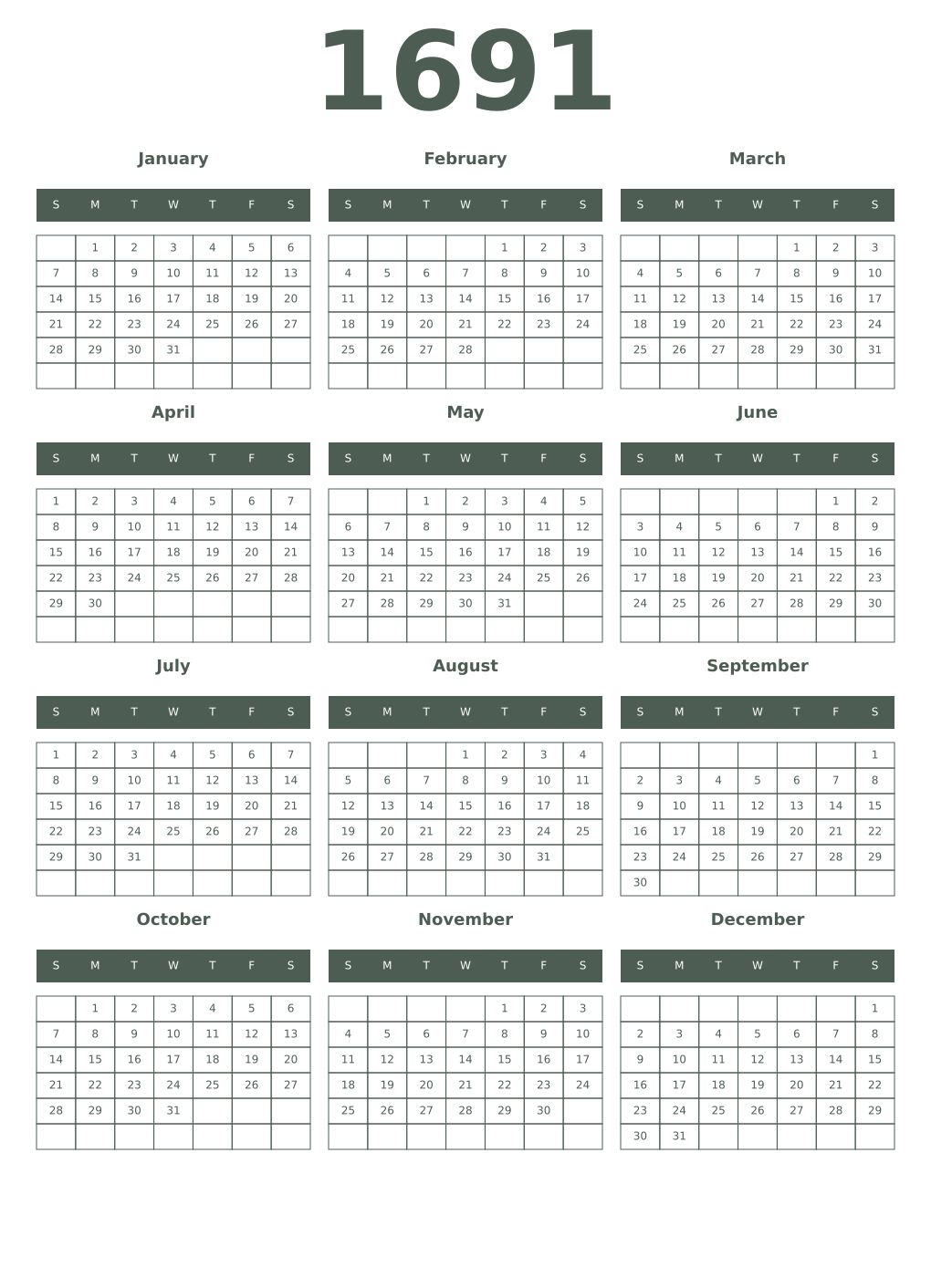 Printable 1691 Year Calendars feldgrau