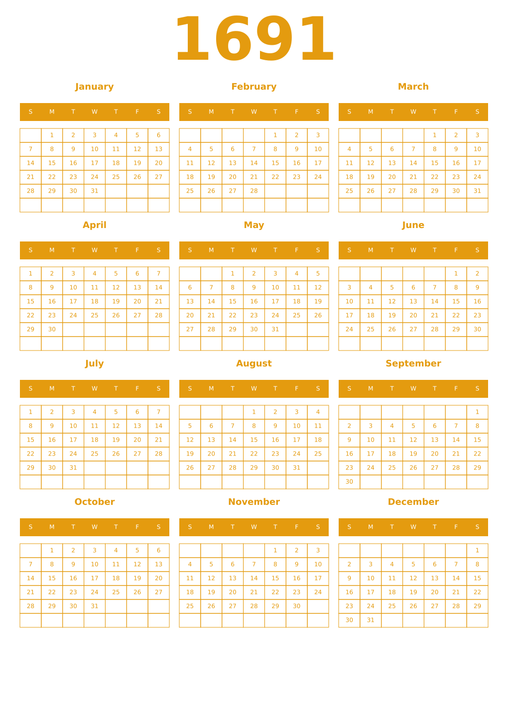 Printable 1691 Year Calendars gamboge