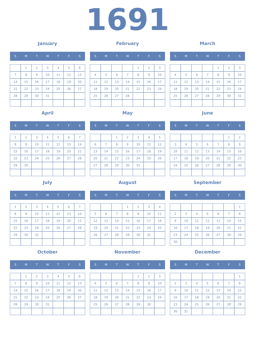 Printable 1691 Year Calendars glaucous