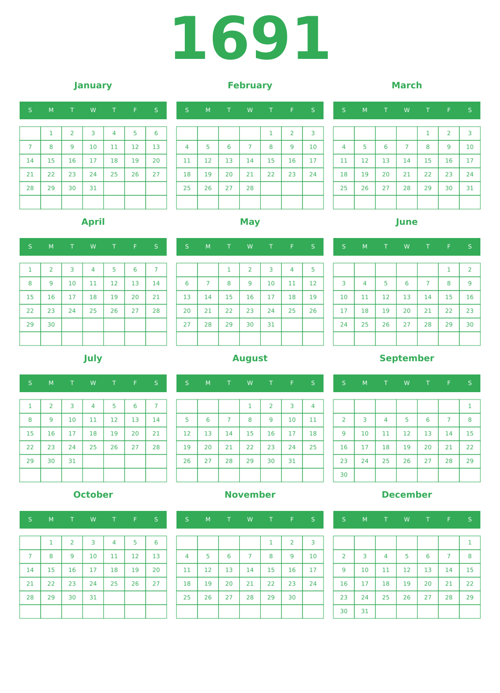 Printable 1691 Year Calendars green