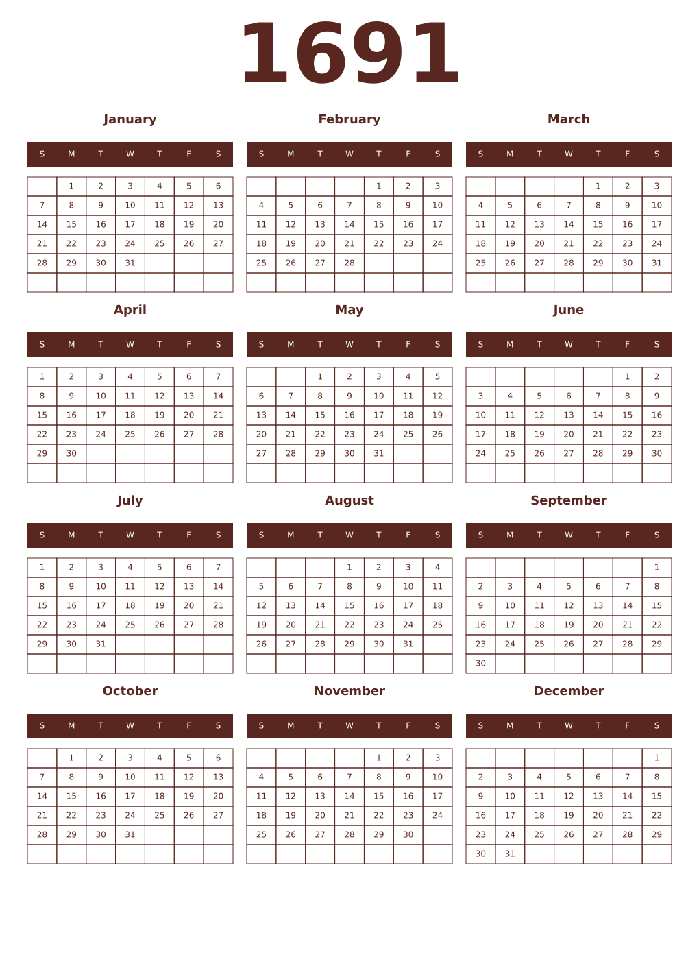 Printable 1691 Year Calendars mortuum