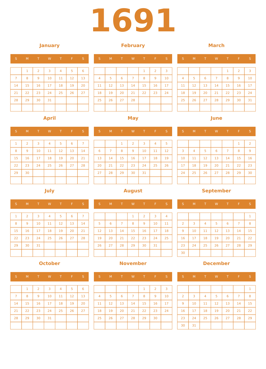Printable 1691 Year Calendars orange