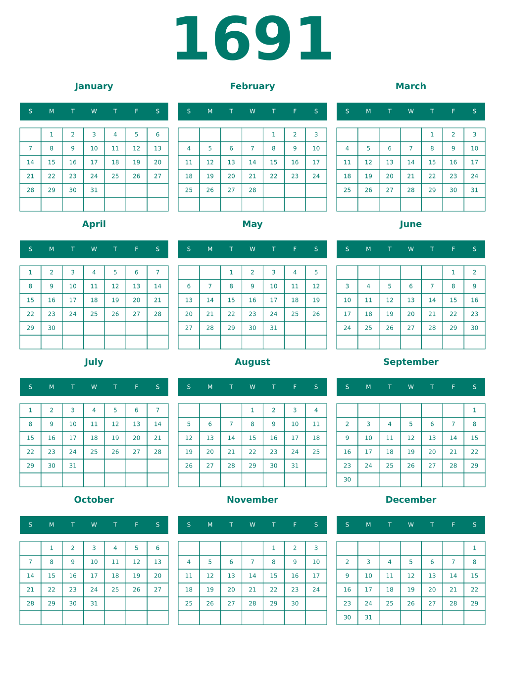 Printable 1691 Year Calendars pastel