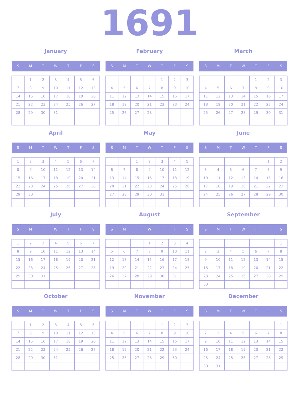 Printable 1691 Year Calendars periwinkle