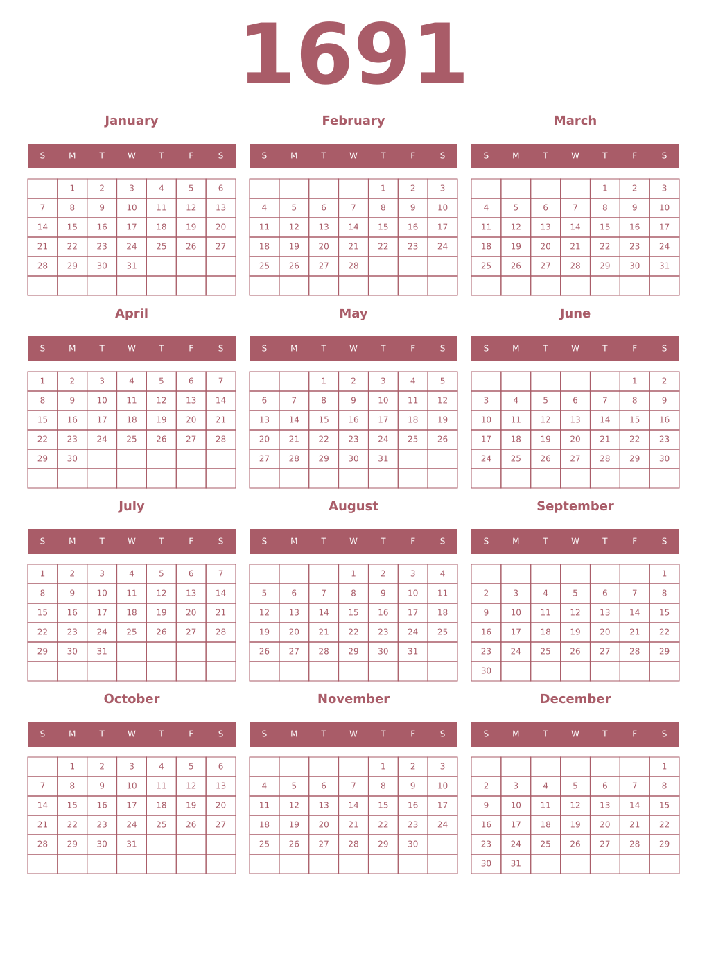Printable 1691 Year Calendars puce
