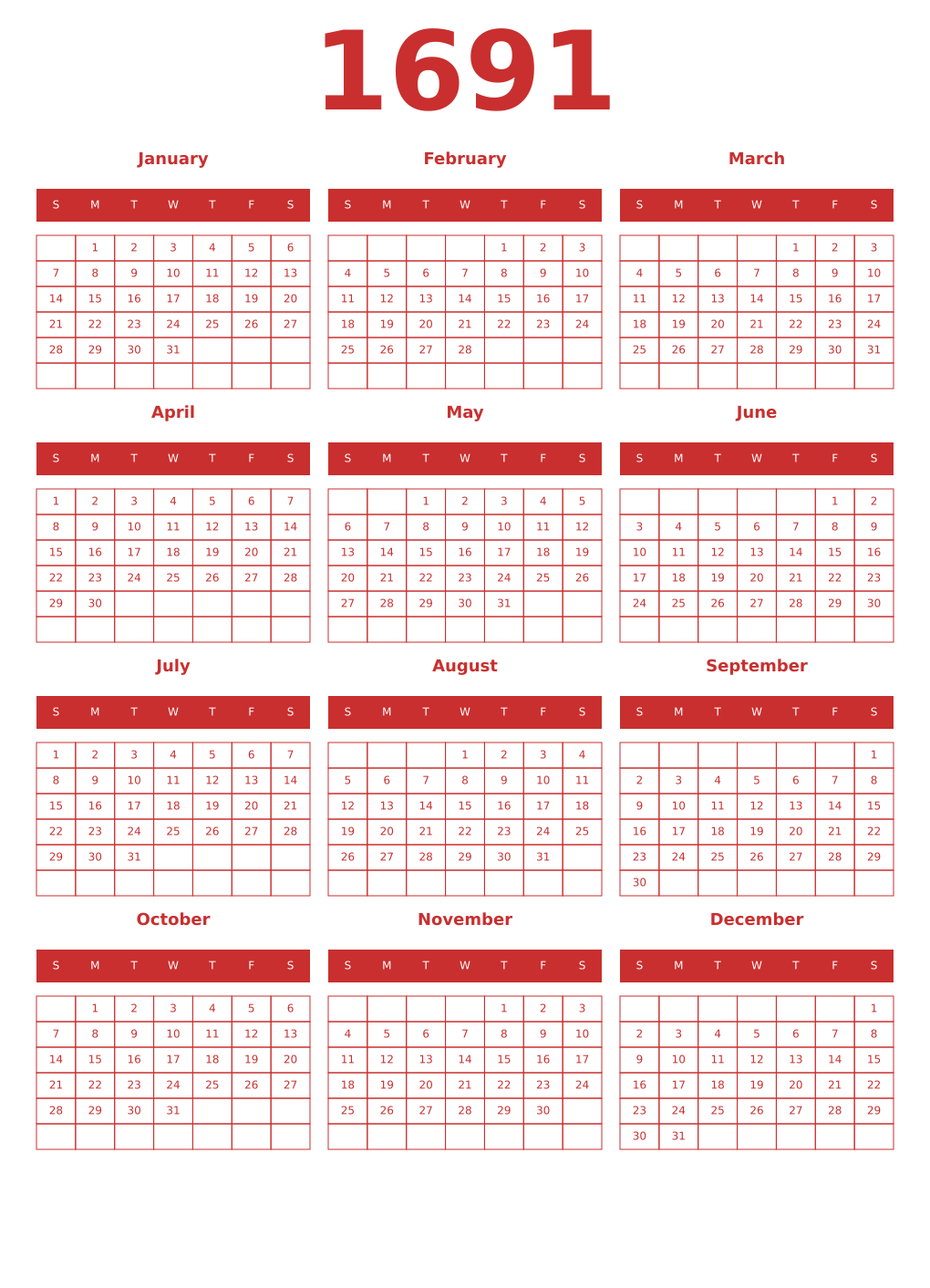 Printable 1691 Year Calendars red