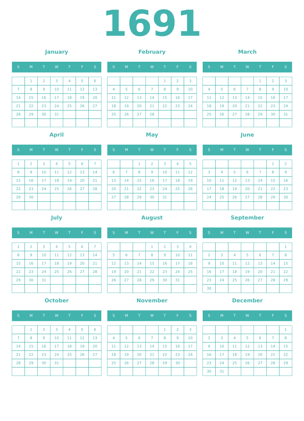 Printable 1691 Year Calendars verdigris