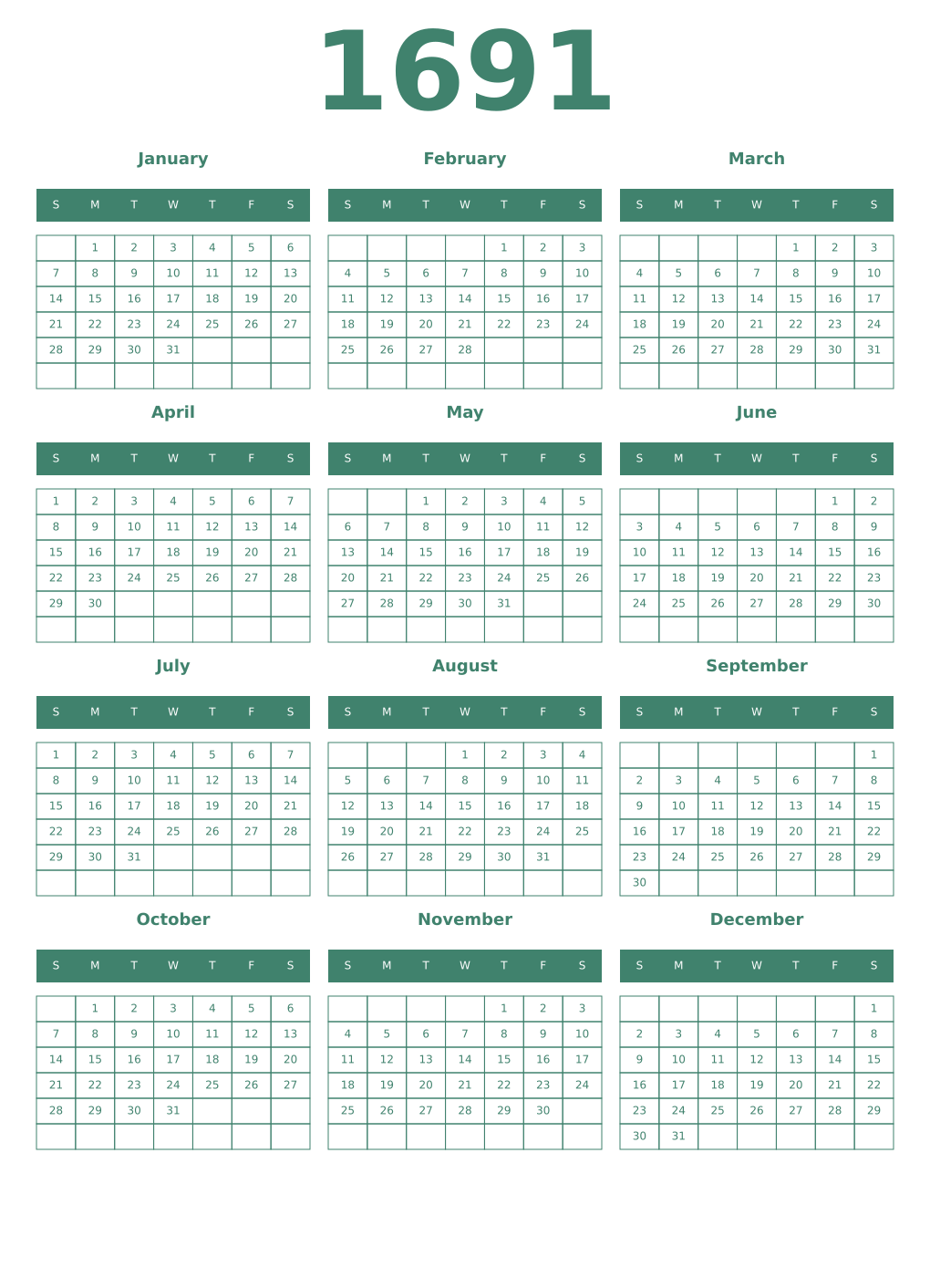 Printable 1691 Year Calendars viridian