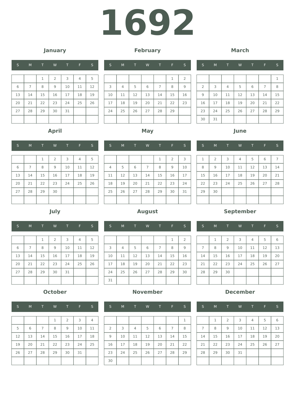 Printable 1692 Year Calendars feldgrau