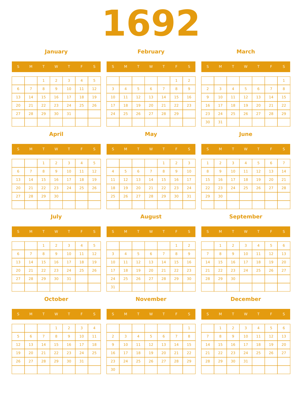 Printable 1692 Year Calendars gamboge