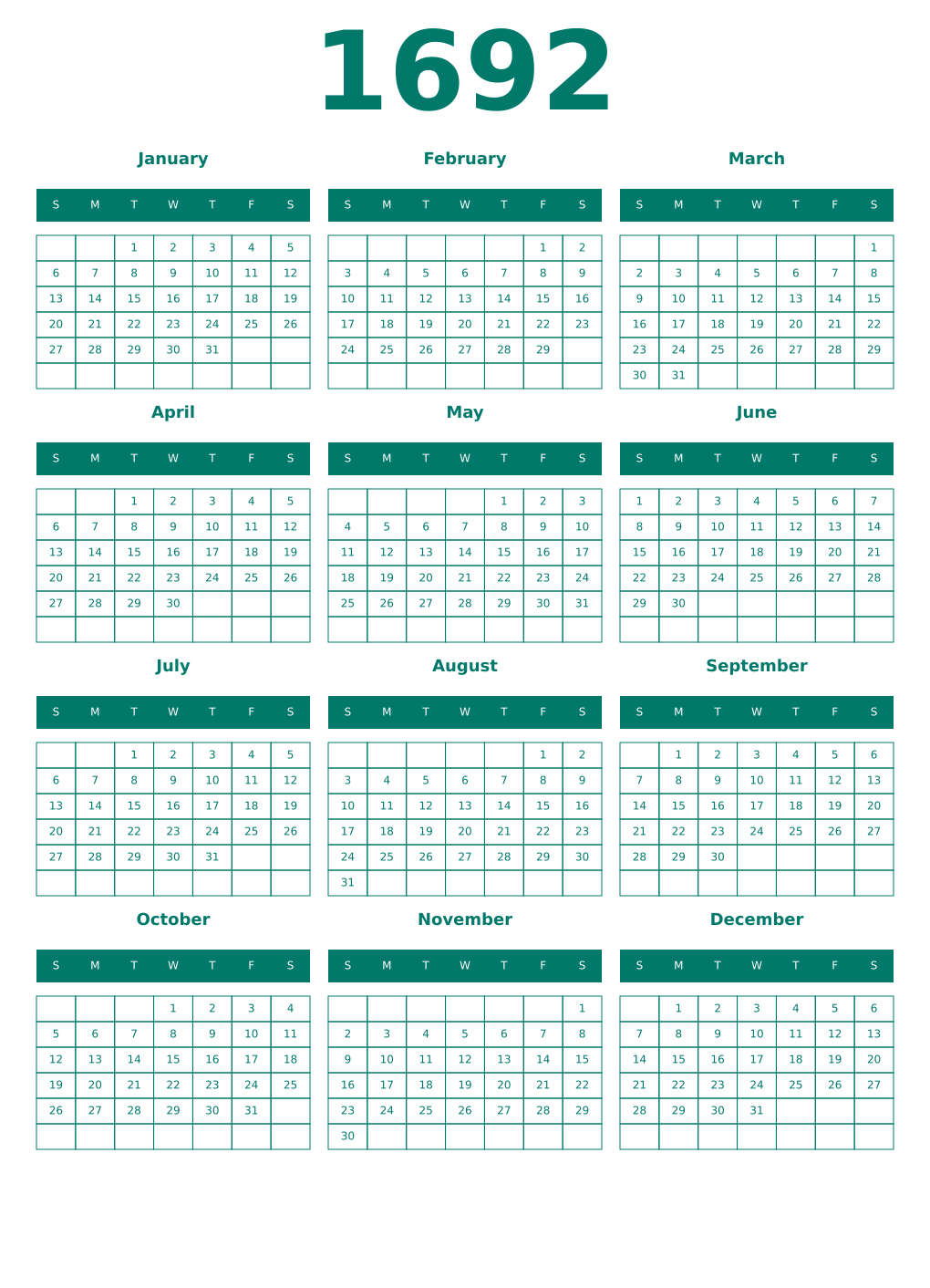 Printable 1692 Year Calendars pastel