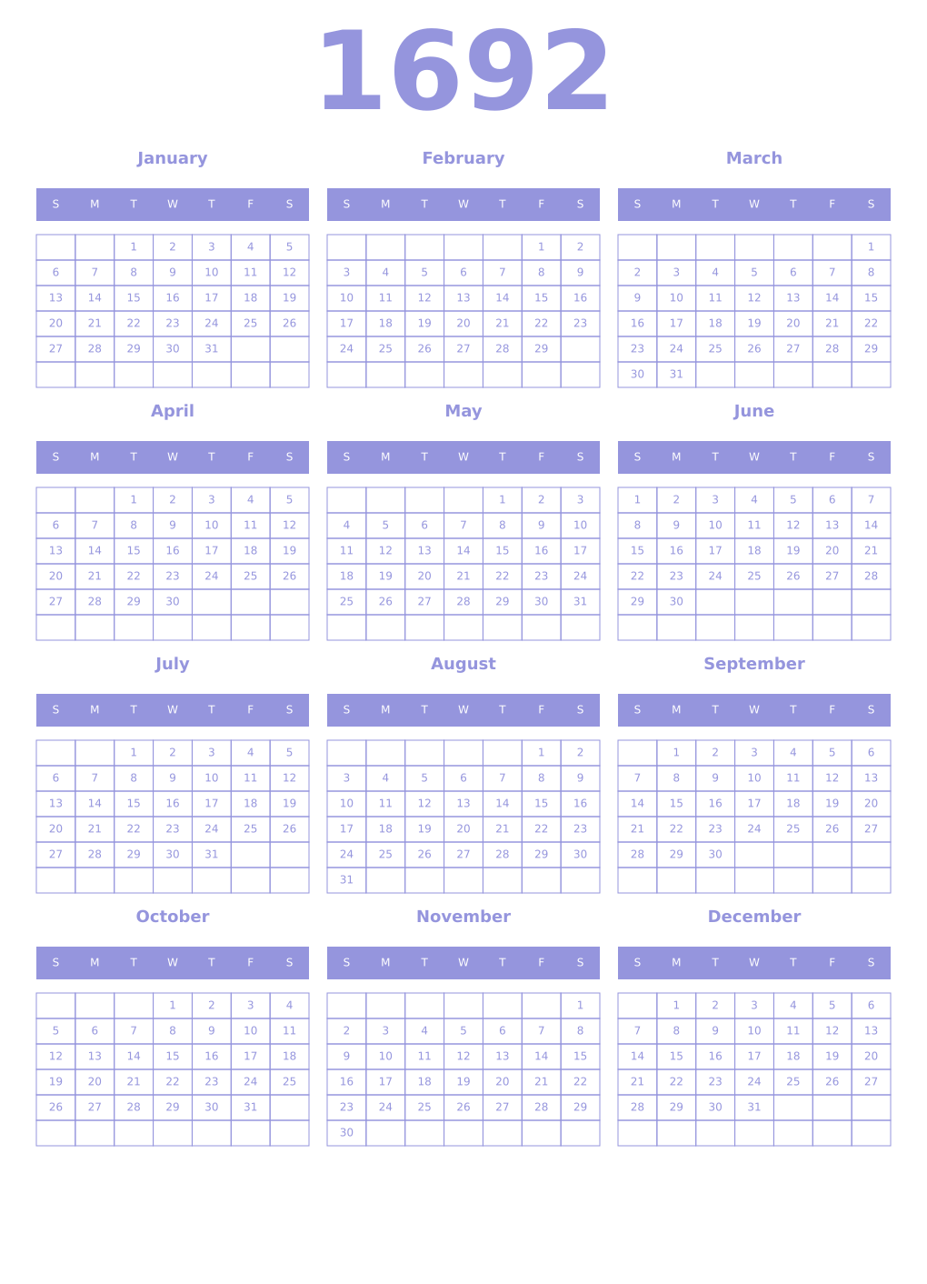 Printable 1692 Year Calendars periwinkle