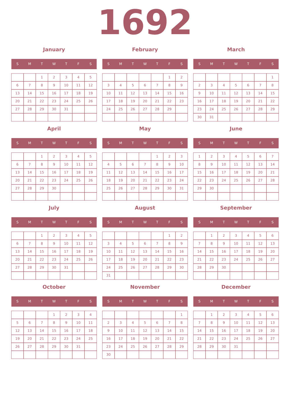 Printable 1692 Year Calendars puce