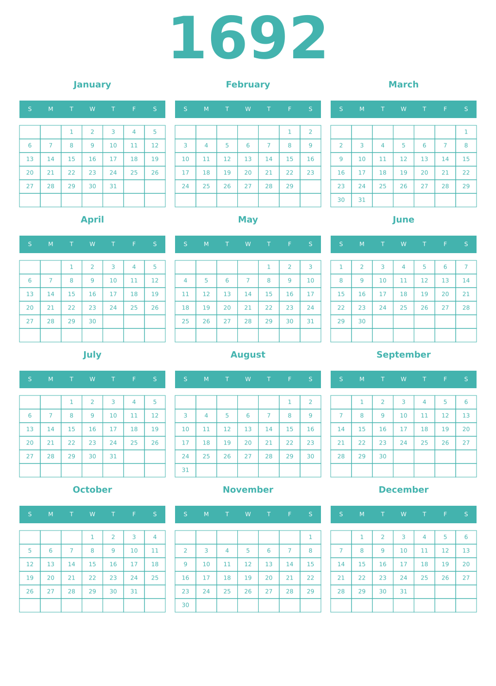 Printable 1692 Year Calendars verdigris