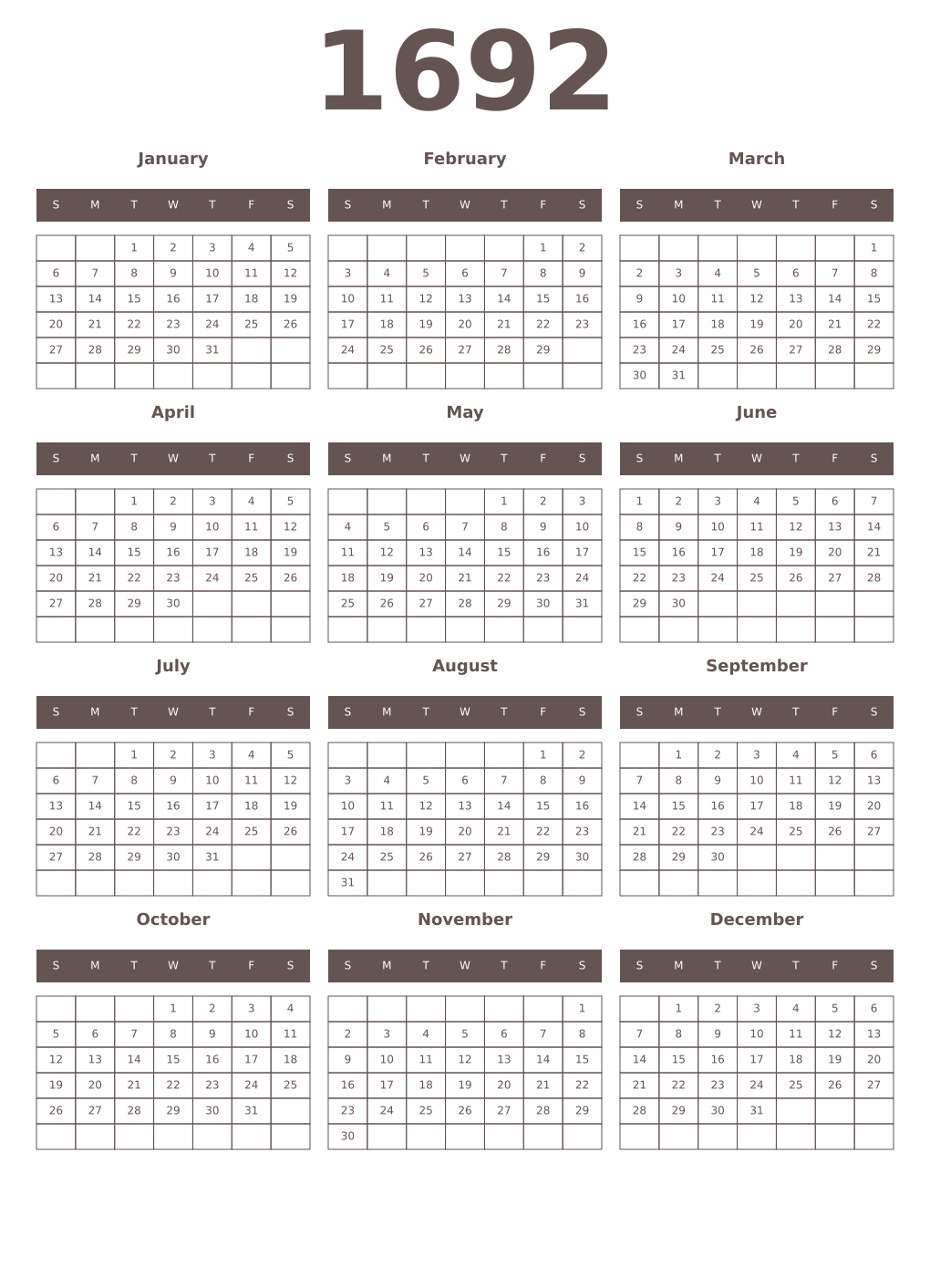 Printable 1692 Year Calendars wenge