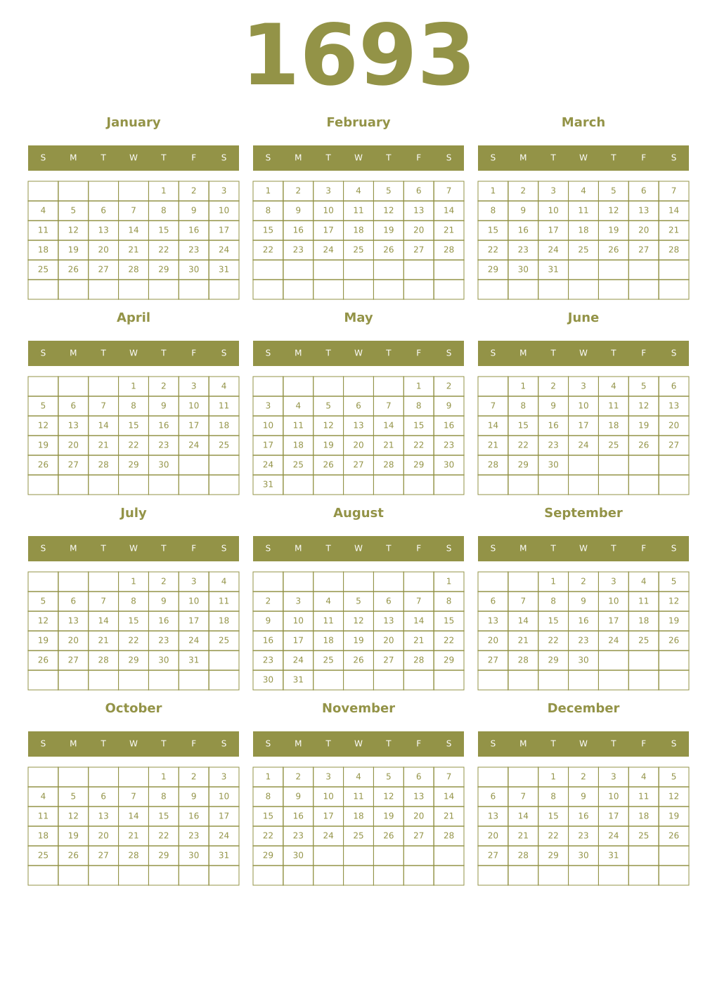 Printable 1693 Year Calendars eburnean