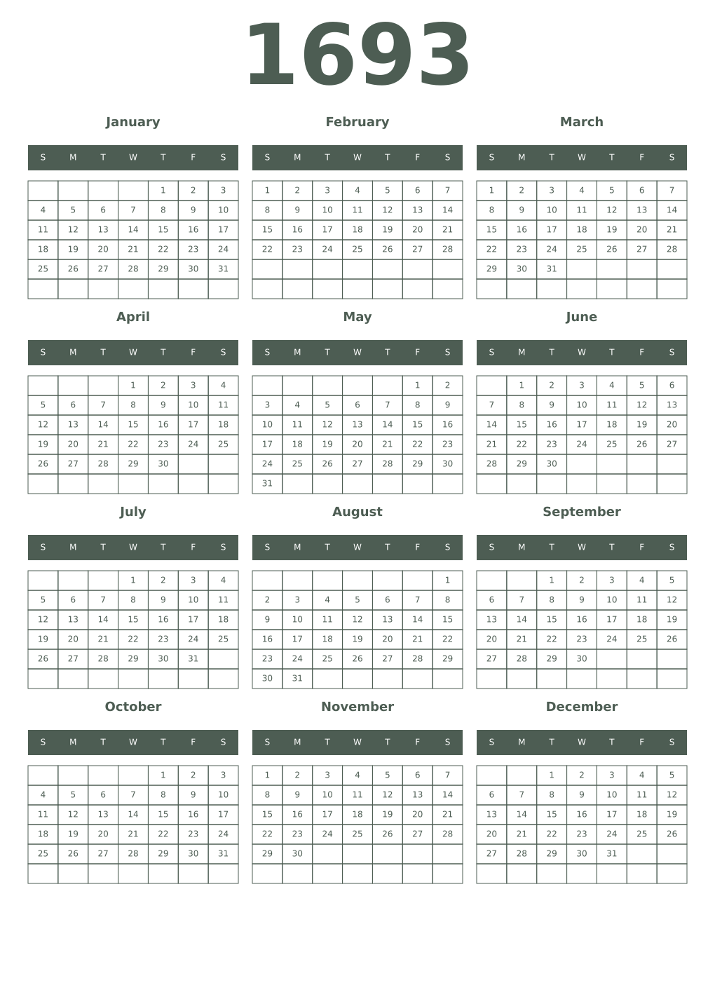 Printable 1693 Year Calendars feldgrau