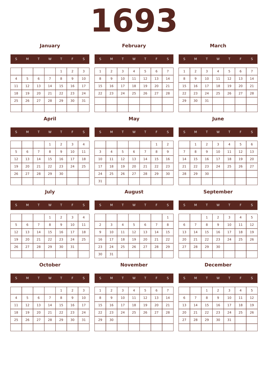 Printable 1693 Year Calendars mortuum
