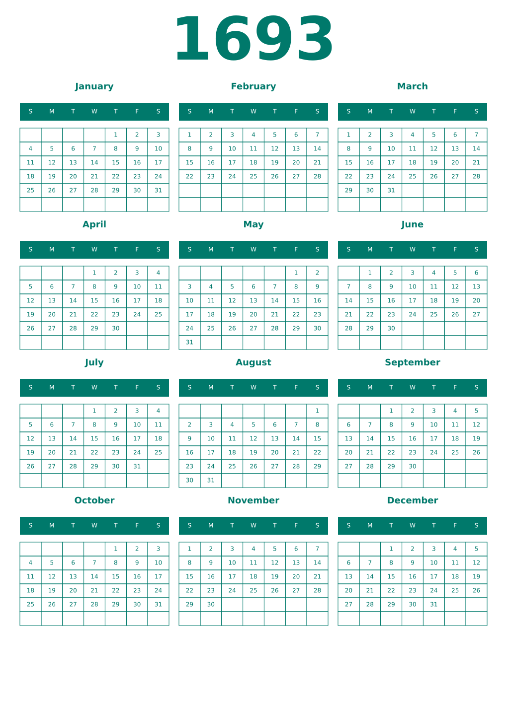 Printable 1693 Year Calendars pastel