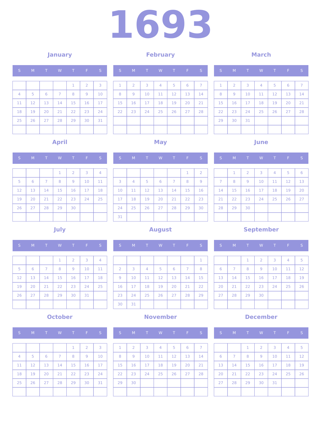 Printable 1693 Year Calendars periwinkle