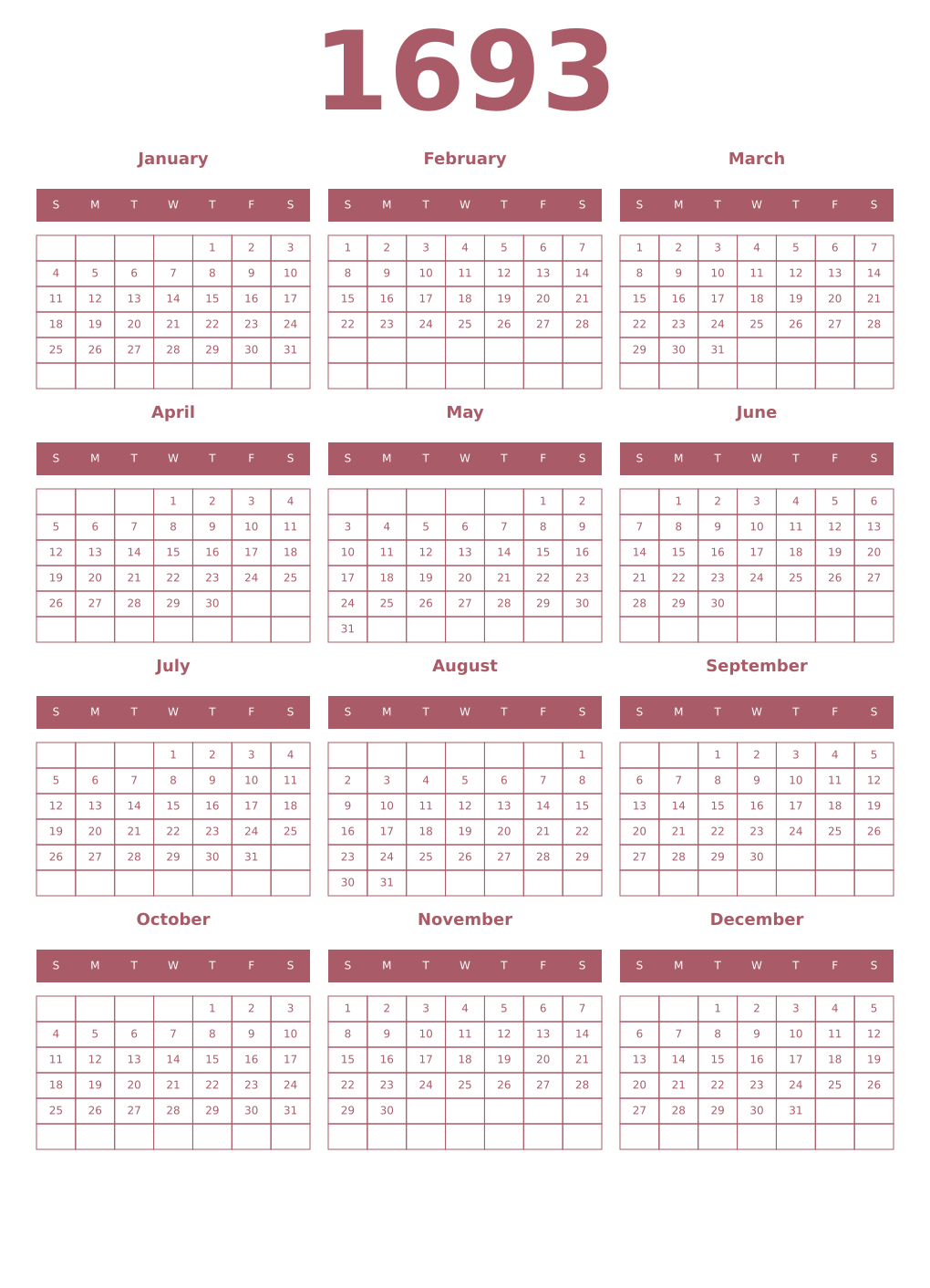Printable 1693 Year Calendars puce
