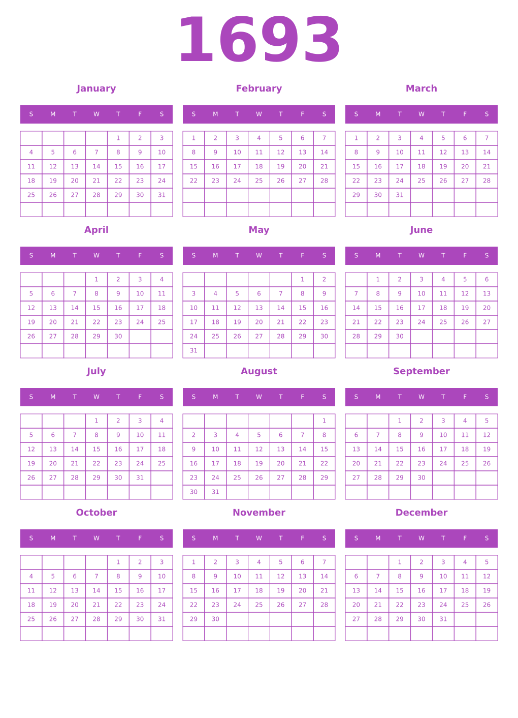 Printable 1693 Year Calendars purple