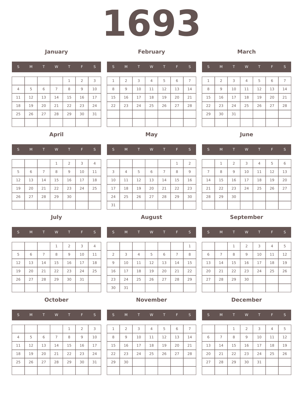 Printable 1693 Year Calendars wenge